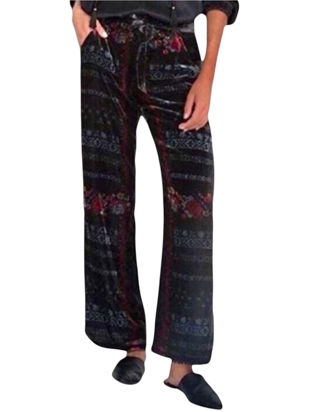 Johnny Was Women’s Size L Black Multicolor Feza Velvet Abstract Belted Pants